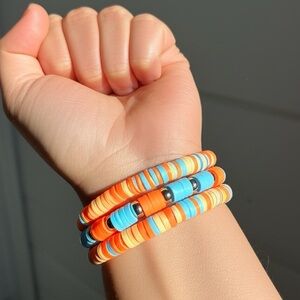 NEW Boho Chic Clay Bead Bracelet Stack Orange Blue Silver Accents Surfer Vibe